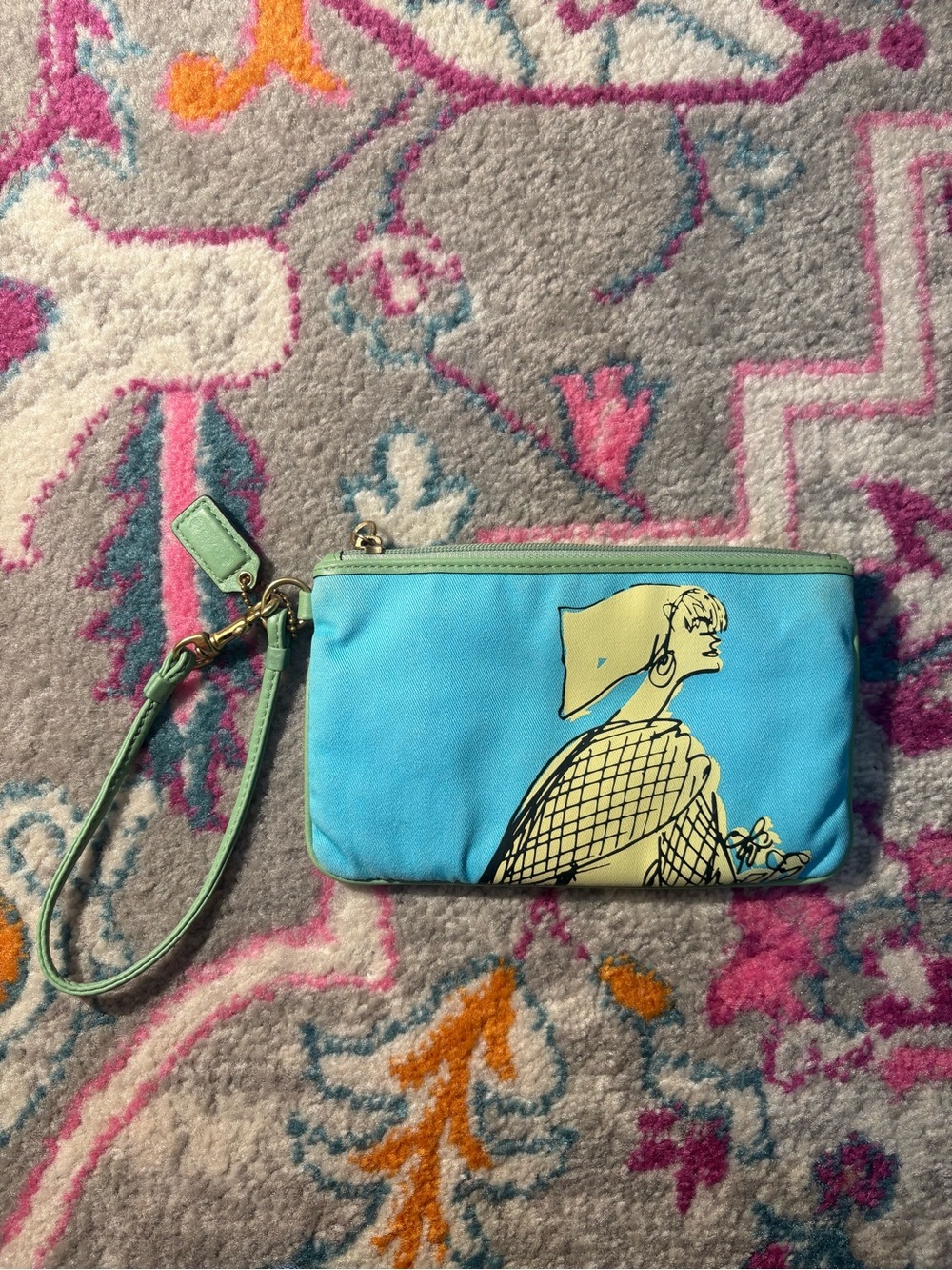 Coach Blue Graphic Wristlet with Light Green Trim